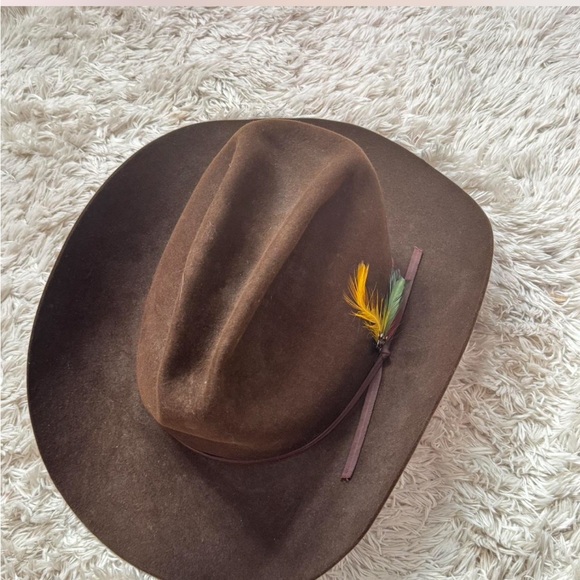 Brown Stetson Hat with Colorful Feather Accent 3X Rancher - Picture 2 of 7